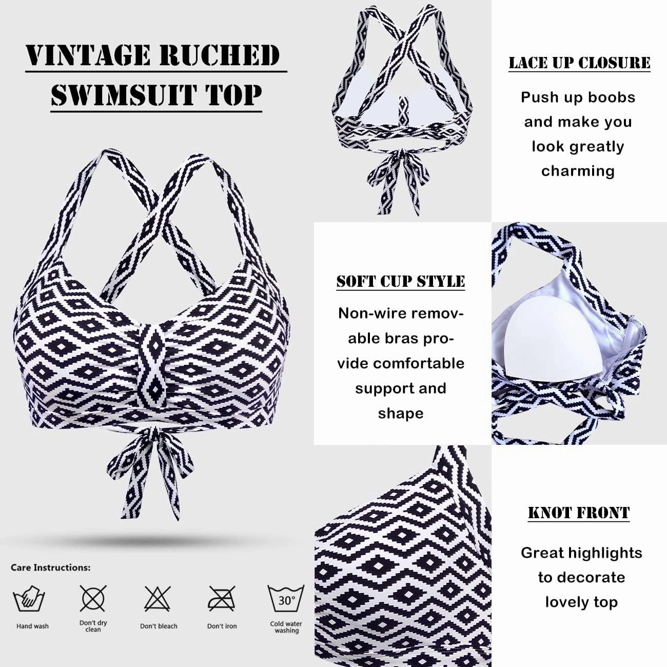 Women's Retro Printed Adjustable Thick Straps Cross Back Push Up Vintage Bikini Swimsuit Tops Only