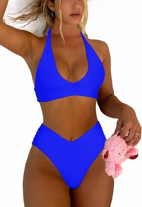 Women's Sexy High Leg Triangle Halter Bikini Set Padded Cup Bikini Cheeky Swimsuit V Cut Thong Bathing Suit