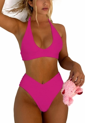 Women's Sexy High Leg Triangle Halter Bikini Set Padded Cup Bikini Cheeky Swimsuit V Cut Thong Bathing Suit