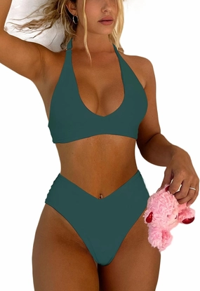 Women's Sexy High Leg Triangle Halter Bikini Set Padded Cup Bikini Cheeky Swimsuit V Cut Thong Bathing Suit