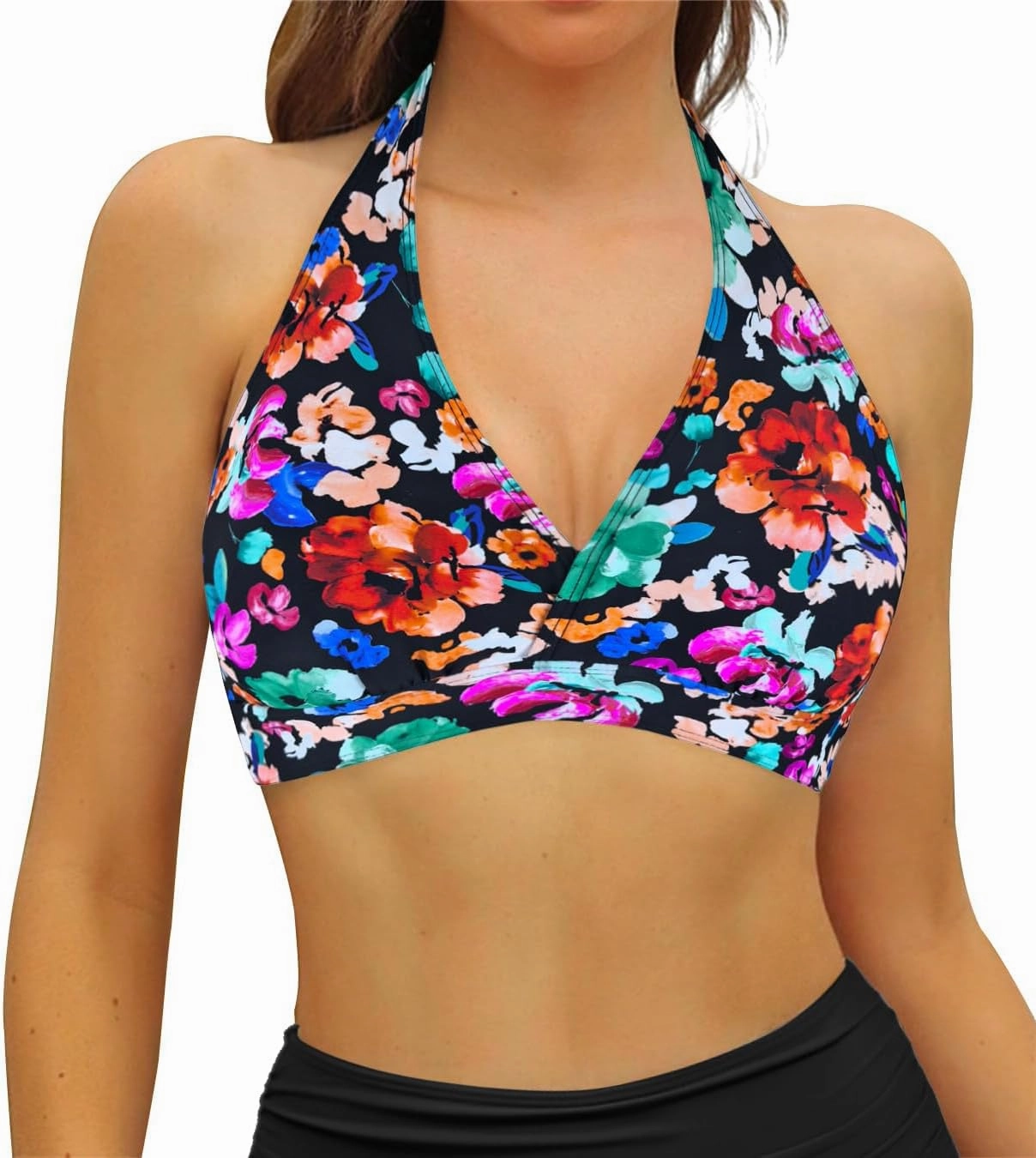 Women's Supportive Halter Bikini Padded Push Up Ruched Bust Hook Back Swimsuit Bathing Suit Tops Only