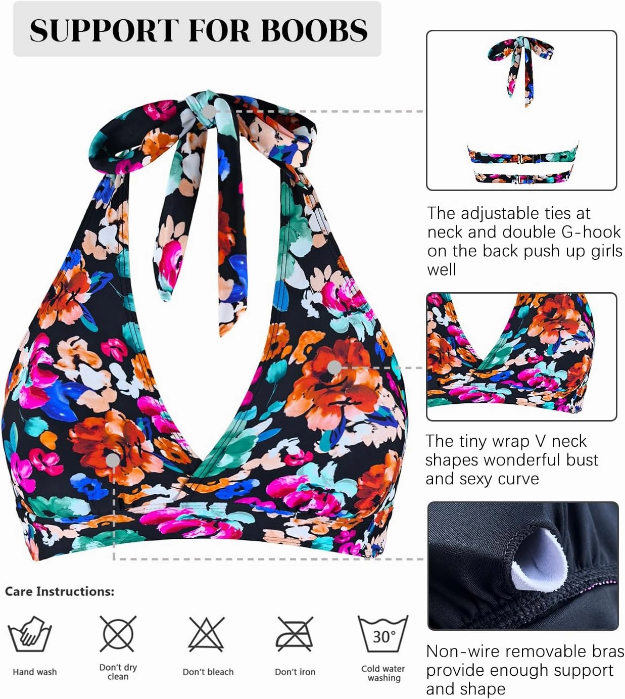 Women's Supportive Halter Bikini Padded Push Up Ruched Bust Hook Back Swimsuit Bathing Suit Tops Only