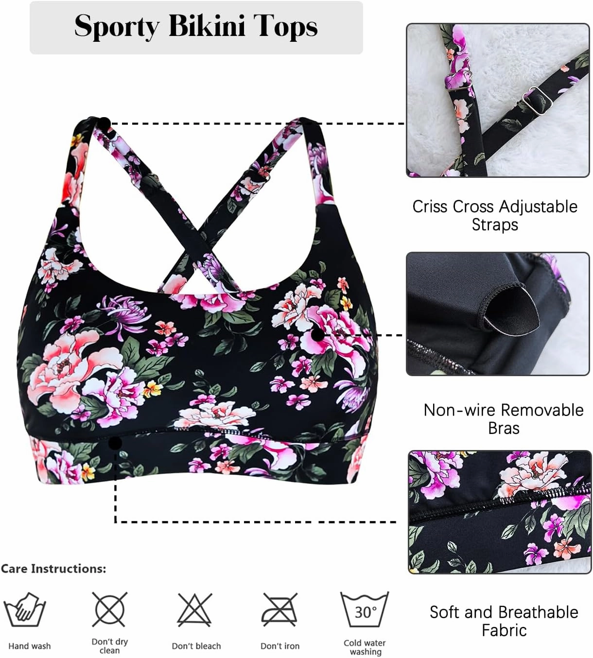 Women??s Supportive Scoop Neck Sporty Swimsuit Cross Spaghetti Strap Bathing Suit Bikini Top