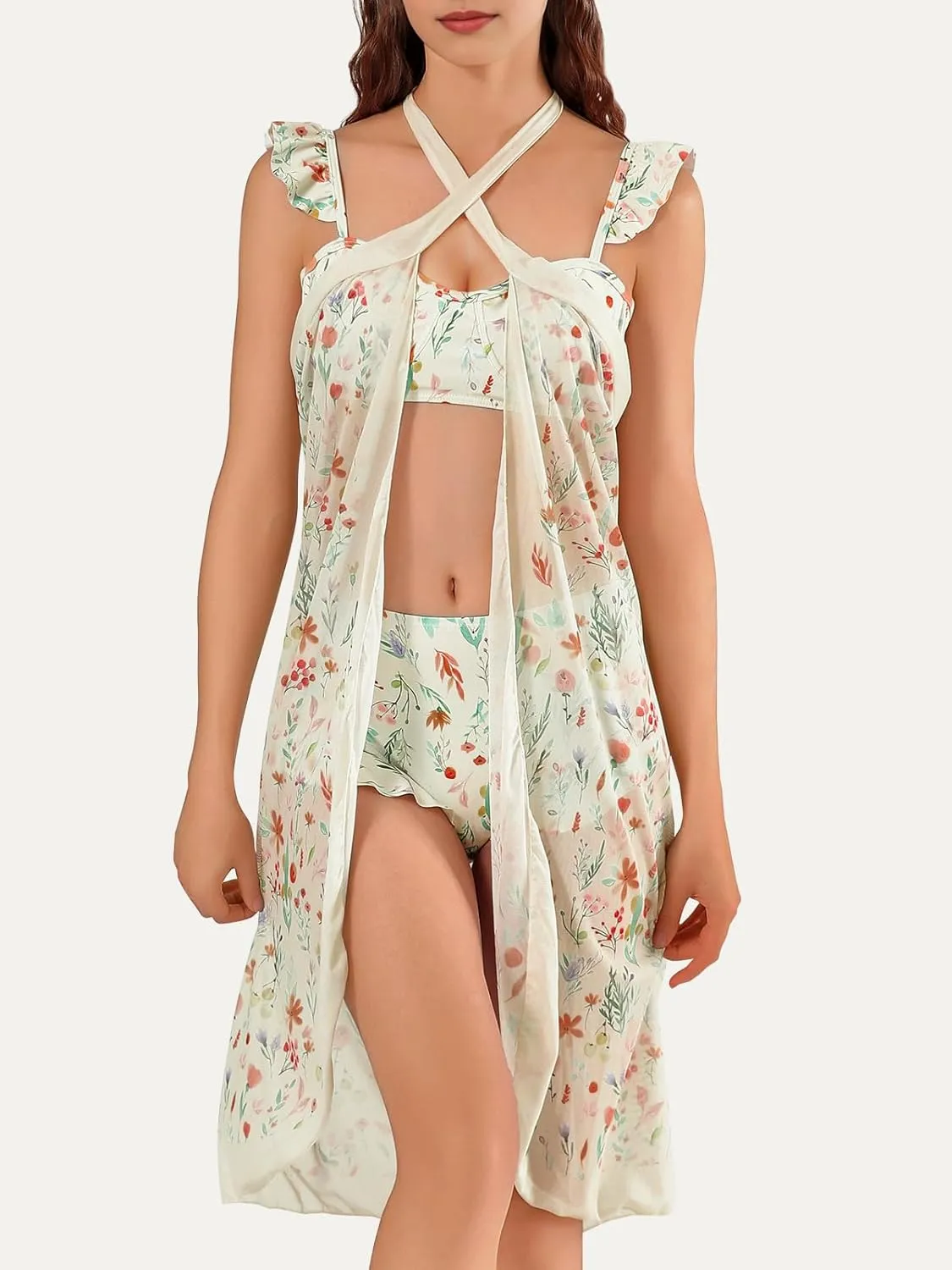 Womens 3 Piece Swimsuits with Cover Up 3 Pieces Bikini Set with Sarong High Waisted Bikini with Beach Cover Up Set