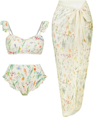 Womens 3 Piece Swimsuits with Cover Up 3 Pieces Bikini Set with Sarong High Waisted Bikini with Beach Cover Up Set