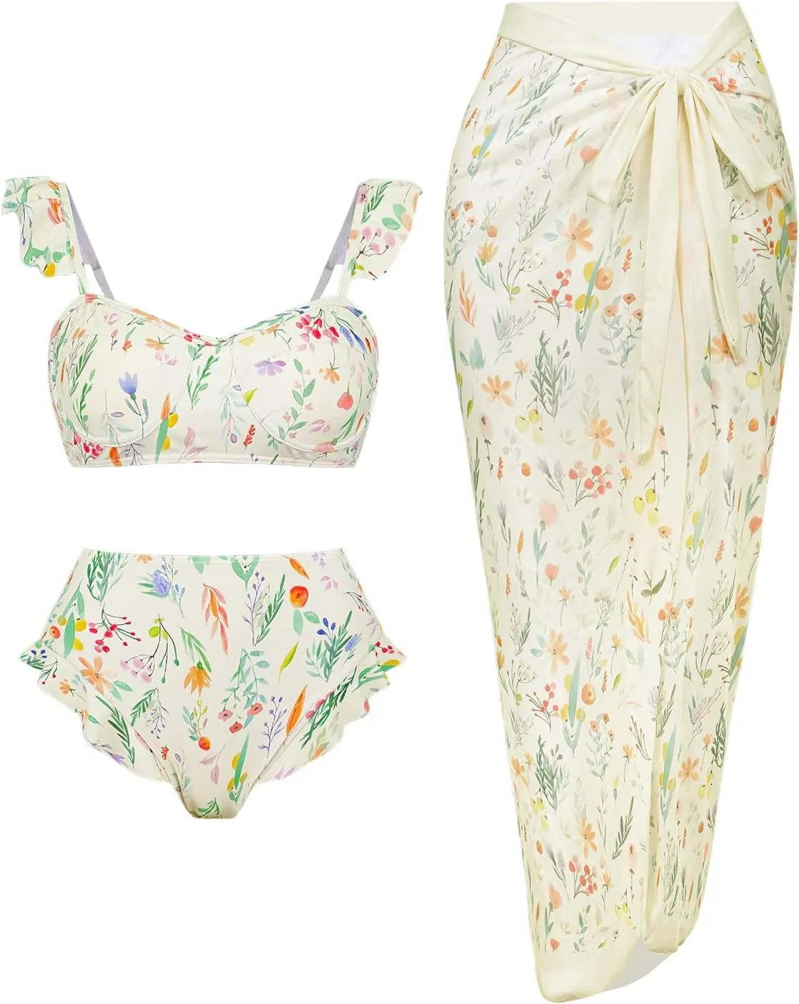 Womens 3 Piece Swimsuits with Cover Up 3 Pieces Bikini Set with Sarong High Waisted Bikini with Beach Cover Up Set