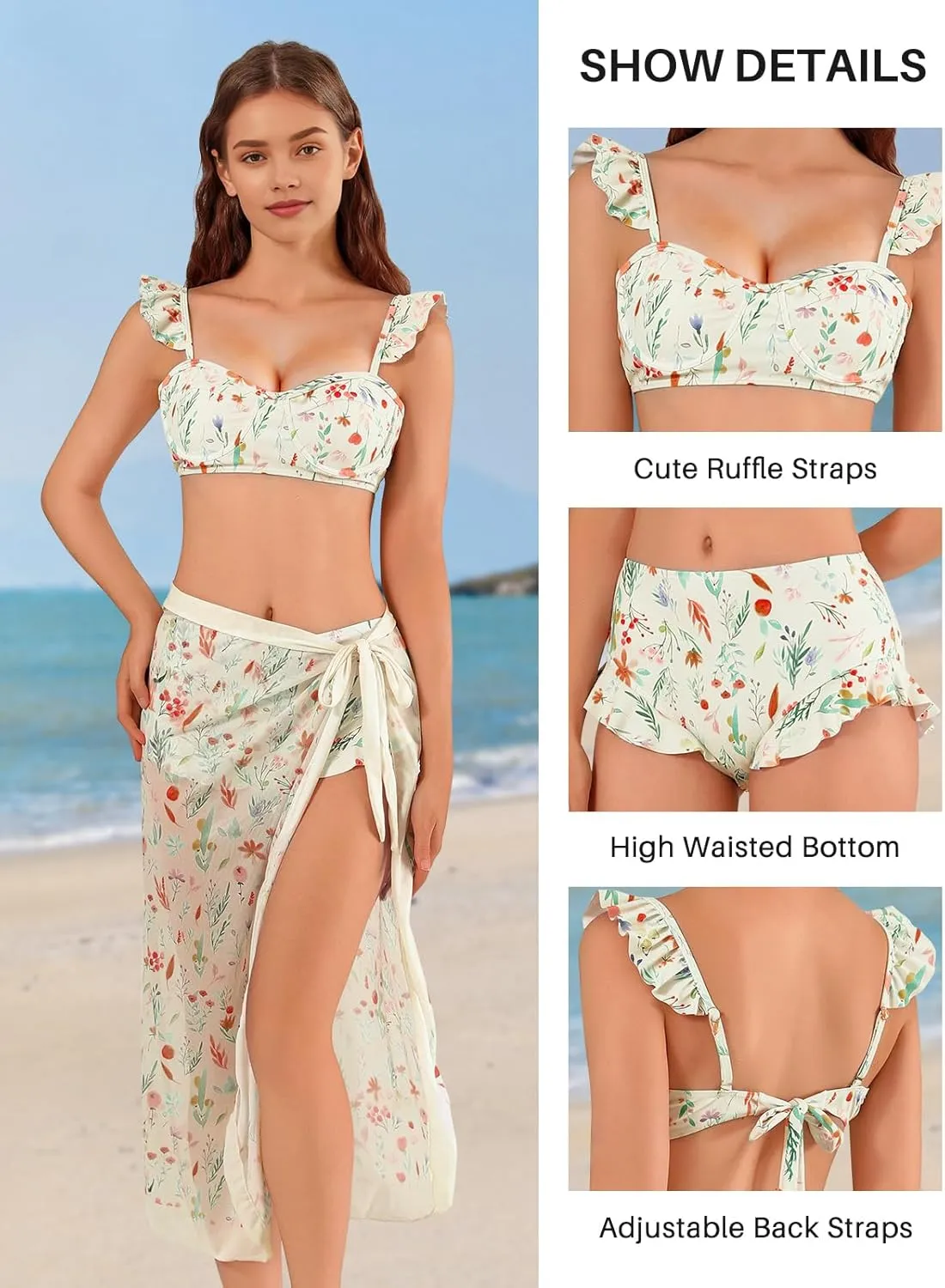 Womens 3 Piece Swimsuits with Cover Up 3 Pieces Bikini Set with Sarong High Waisted Bikini with Beach Cover Up Set