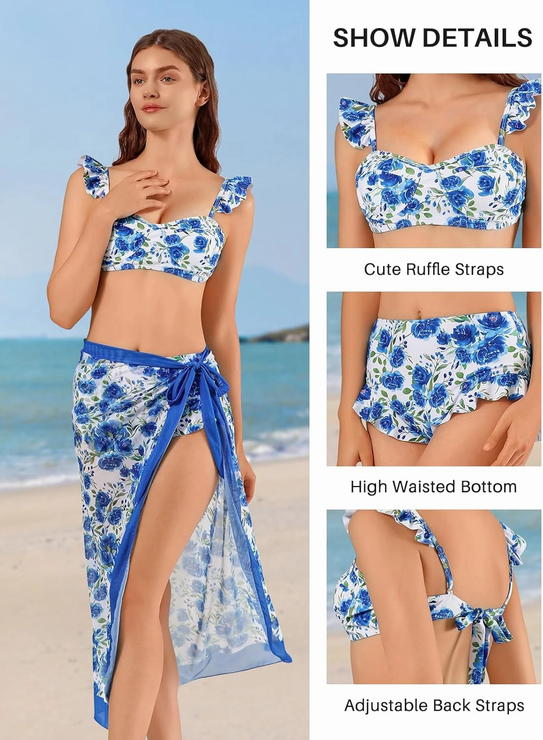 Womens 3 Piece Swimsuits with Cover Up 3 Pieces Bikini Set with Sarong High Waisted Bikini with Beach Cover Up Set