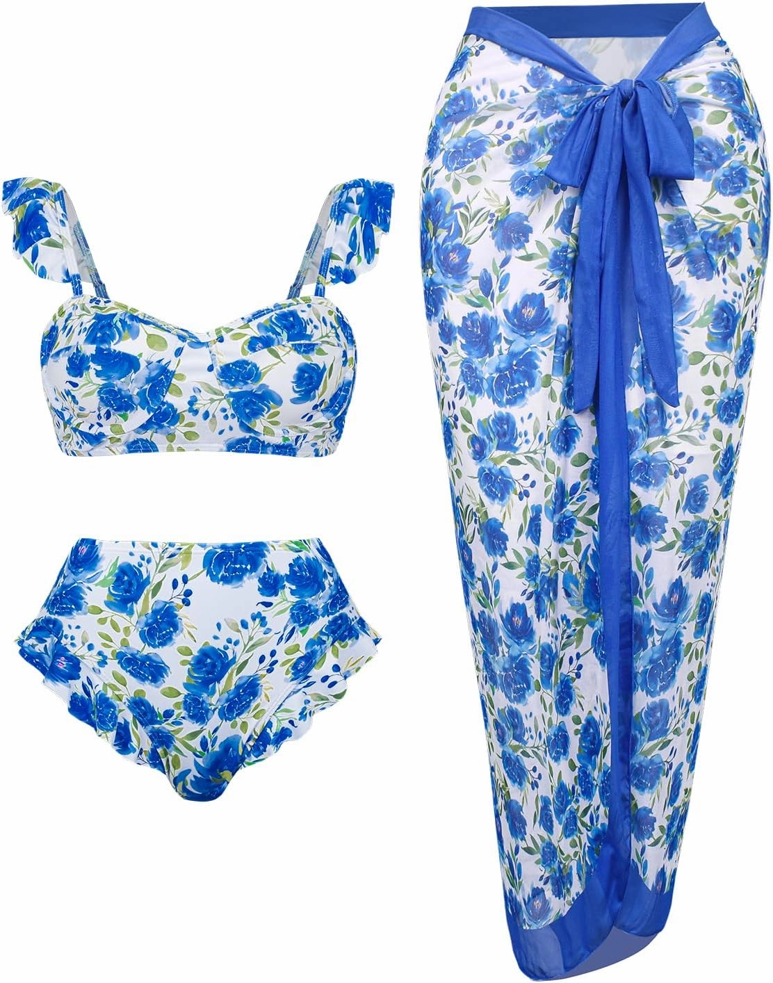 Womens 3 Piece Swimsuits with Cover Up 3 Pieces Bikini Set with Sarong High Waisted Bikini with Beach Cover Up Set