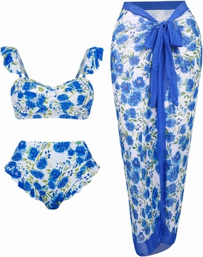 Womens 3 Piece Swimsuits with Cover Up 3 Pieces Bikini Set with Sarong High Waisted Bikini with Beach Cover Up Set