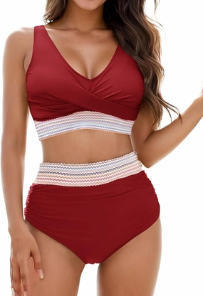 Womens High Waisted Bikini Set Tummy Control Color Block Bathing Suits Twist Front Two Piece Swimsuits