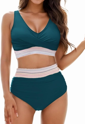 Womens High Waisted Bikini Set Tummy Control Color Block Bathing Suits Twist Front Two Piece Swimsuits