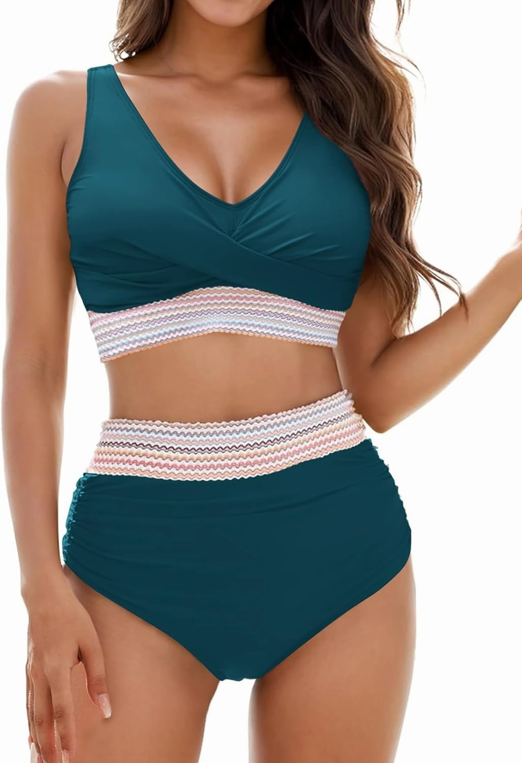 Womens High Waisted Bikini Set Tummy Control Color Block Bathing Suits Twist Front Two Piece Swimsuits