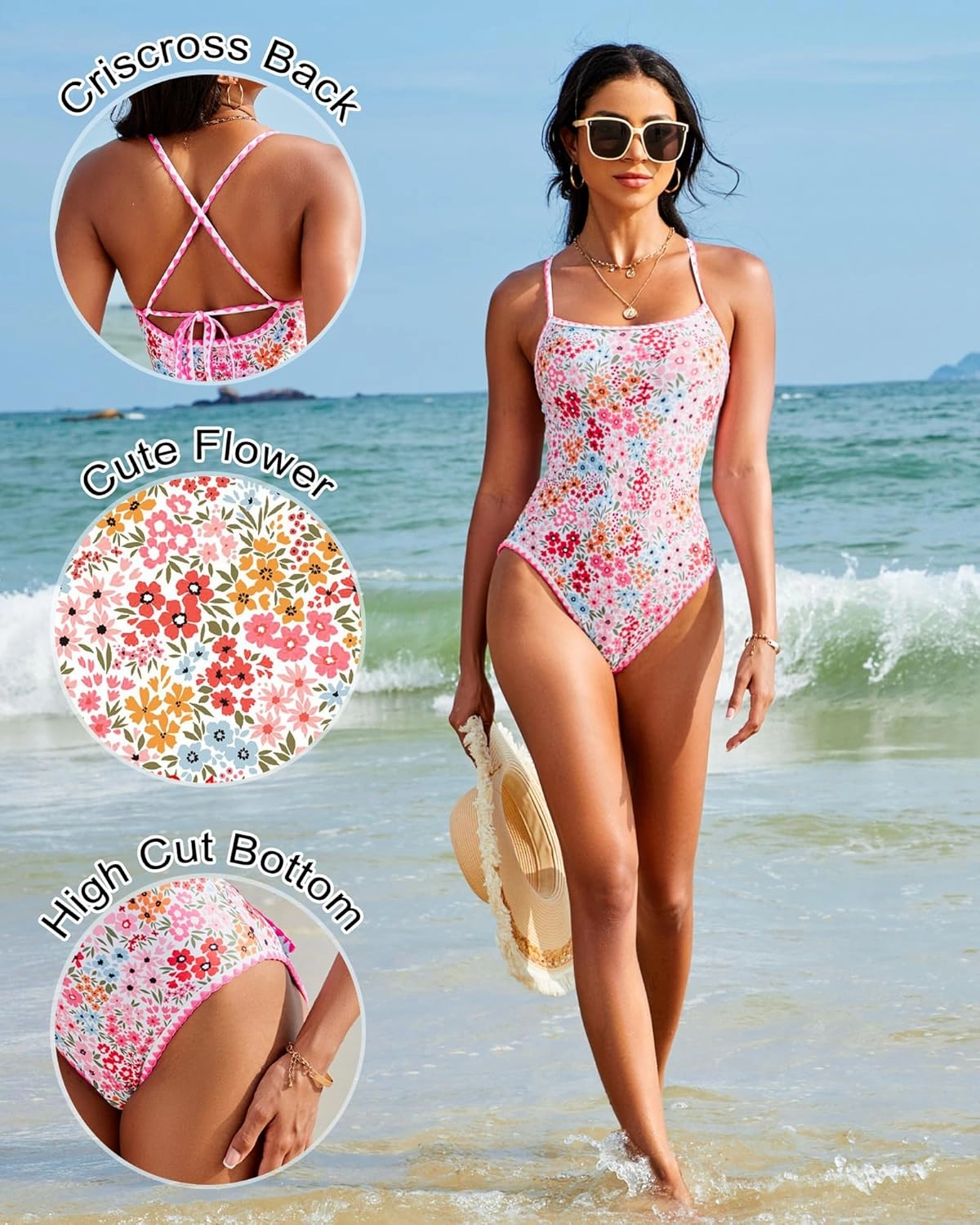 Womens One Piece Swimsuit Tummy Control Modest Bathing Suit Teen Girls Swim Suit Cute Floral Swimwear