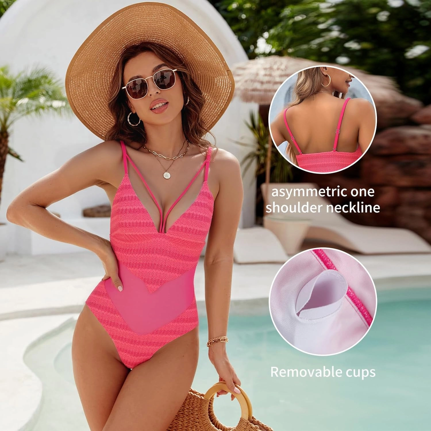 Womens One Piece Swimsuits-Sexy Deep V Neckline Tummy Control Bathing Suit Slimming Mesh Swimwear 