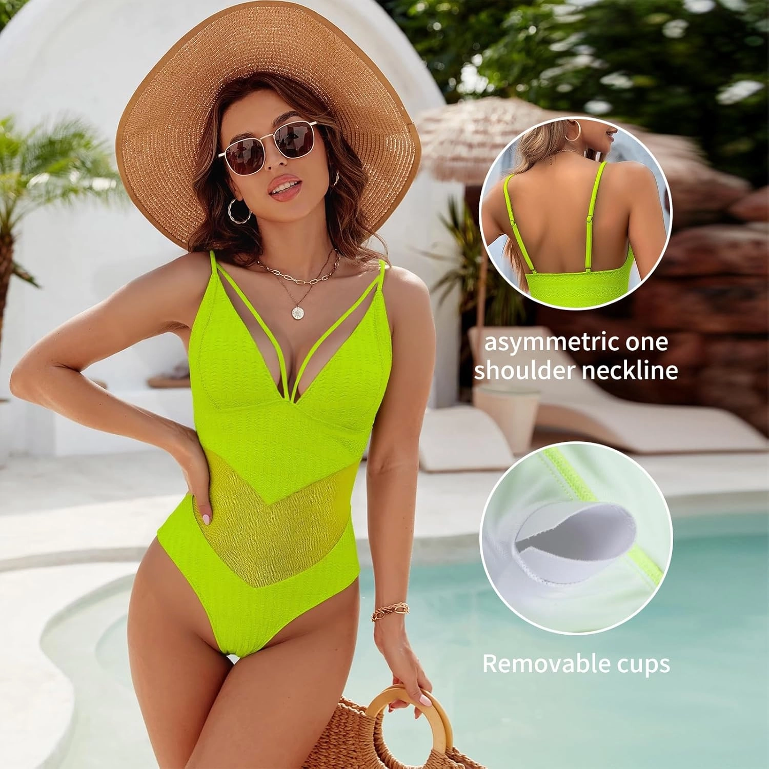 Womens One Piece Swimsuits-Sexy Deep V Neckline Tummy Control Bathing Suit Slimming Mesh Swimwear 