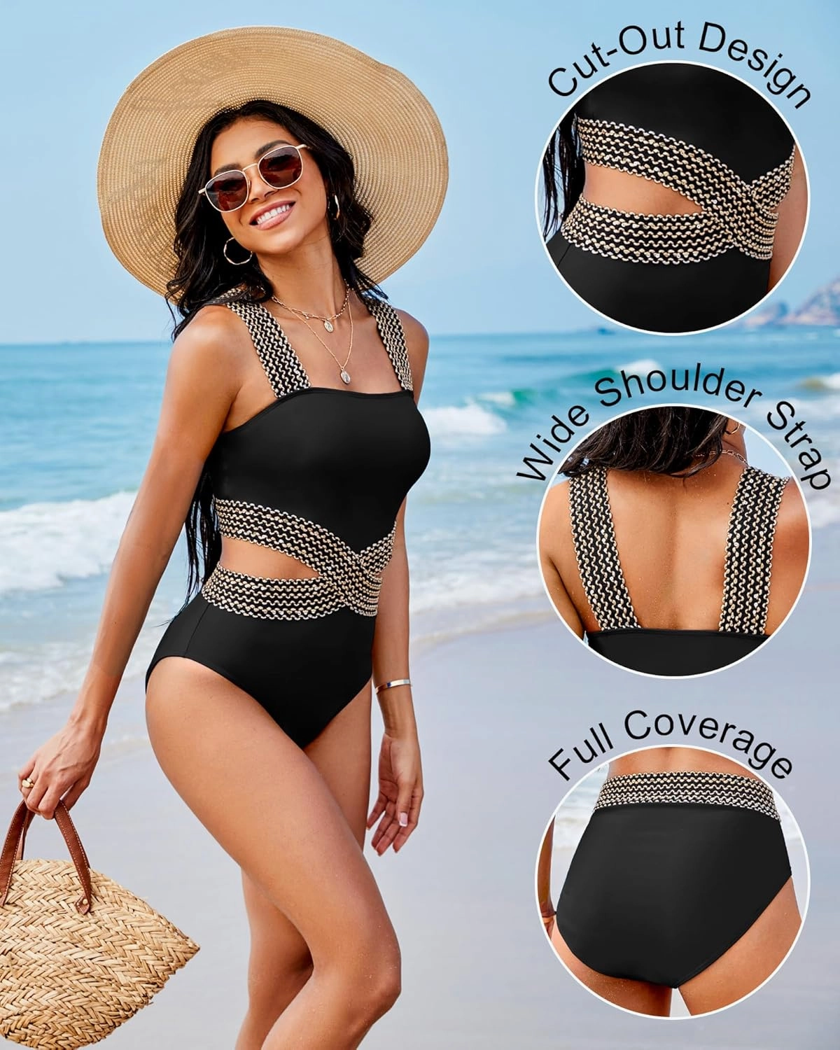Womens One Piece Tummy Control Swimsuit Modest High Waisted Bathing Suit Color Block Bandeau Monokini Sexy Cutout