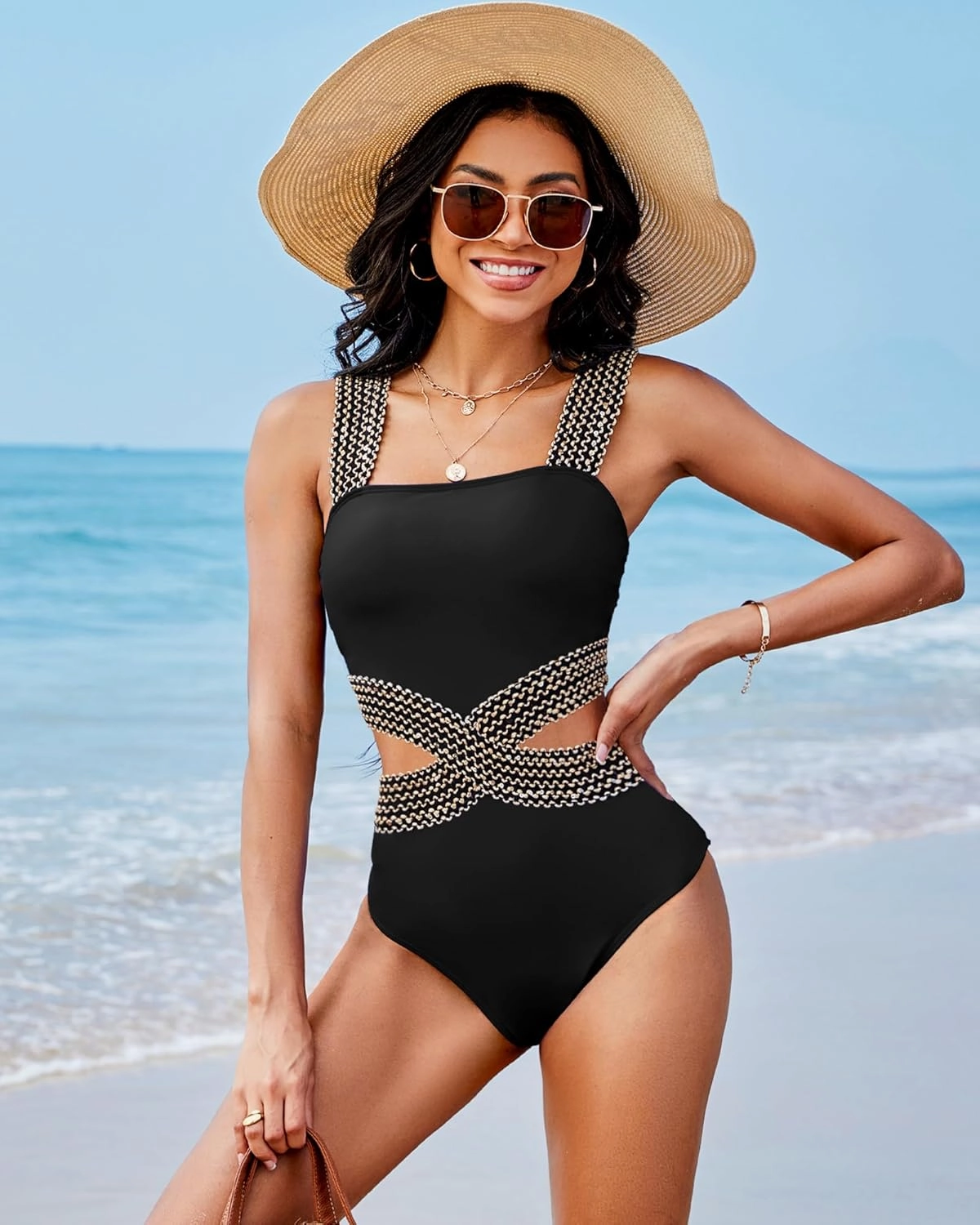 Womens One Piece Tummy Control Swimsuit Modest High Waisted Bathing Suit Color Block Bandeau Monokini Sexy Cutout