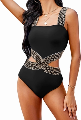 Womens One Piece Tummy Control Swimsuit Modest High Waisted Bathing Suit Color Block Bandeau Monokini Sexy Cutout