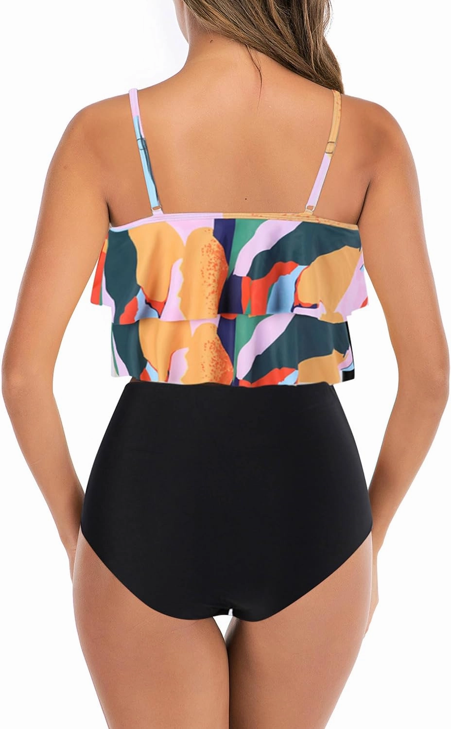 Womens Tankini Swimsuits Ruffled Tank Top Tummy Control Floral Modest Swimwear High Waisted Bikini
