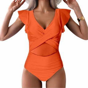 YaShaer Women's One Piece Swimsuit Bathing Suit Retro Ruffled V Neck Bathing Suits Tummy Control Swimwear