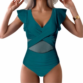 YaShaer Women's One Piece Swimsuit Bathing Suit Retro Ruffled V Neck Bathing Suits Tummy Control Swimwear