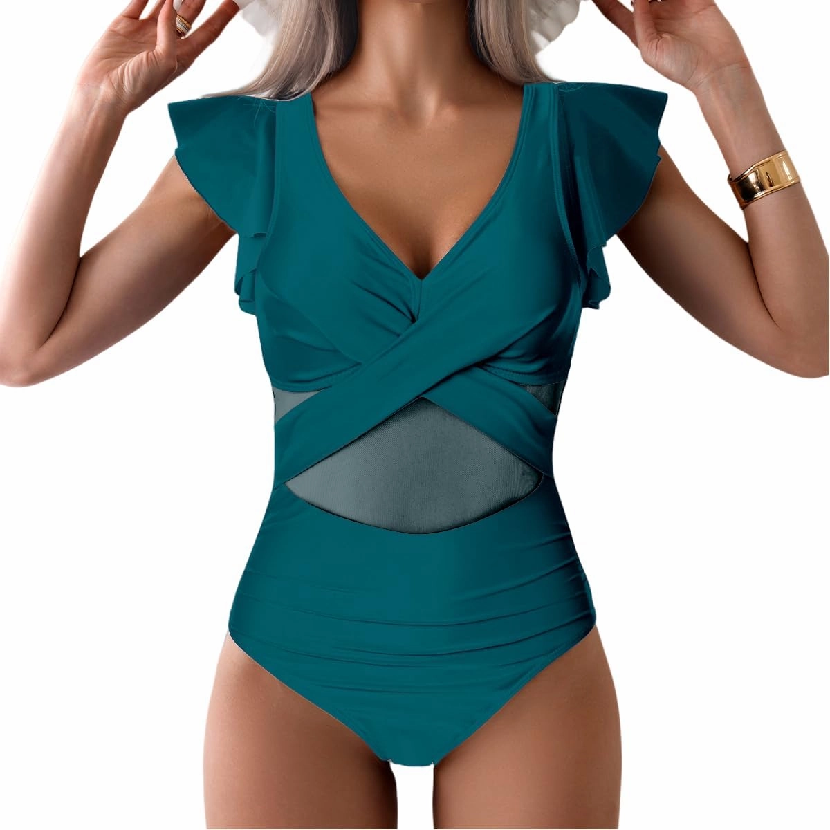 YaShaer Women's One Piece Swimsuit Bathing Suit Retro Ruffled V Neck Bathing Suits Tummy Control Swimwear