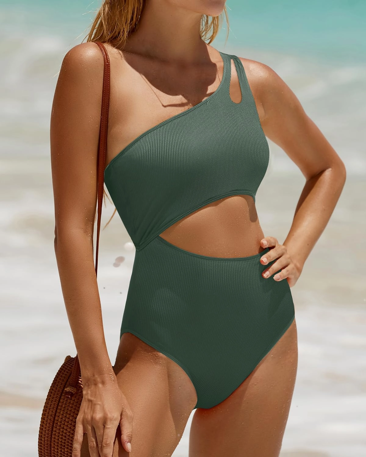 Yonique Cutout One Piece Swimsuit Women - One Shoulder Bathing Suit Ribbed Swimwear 2025 Monokini