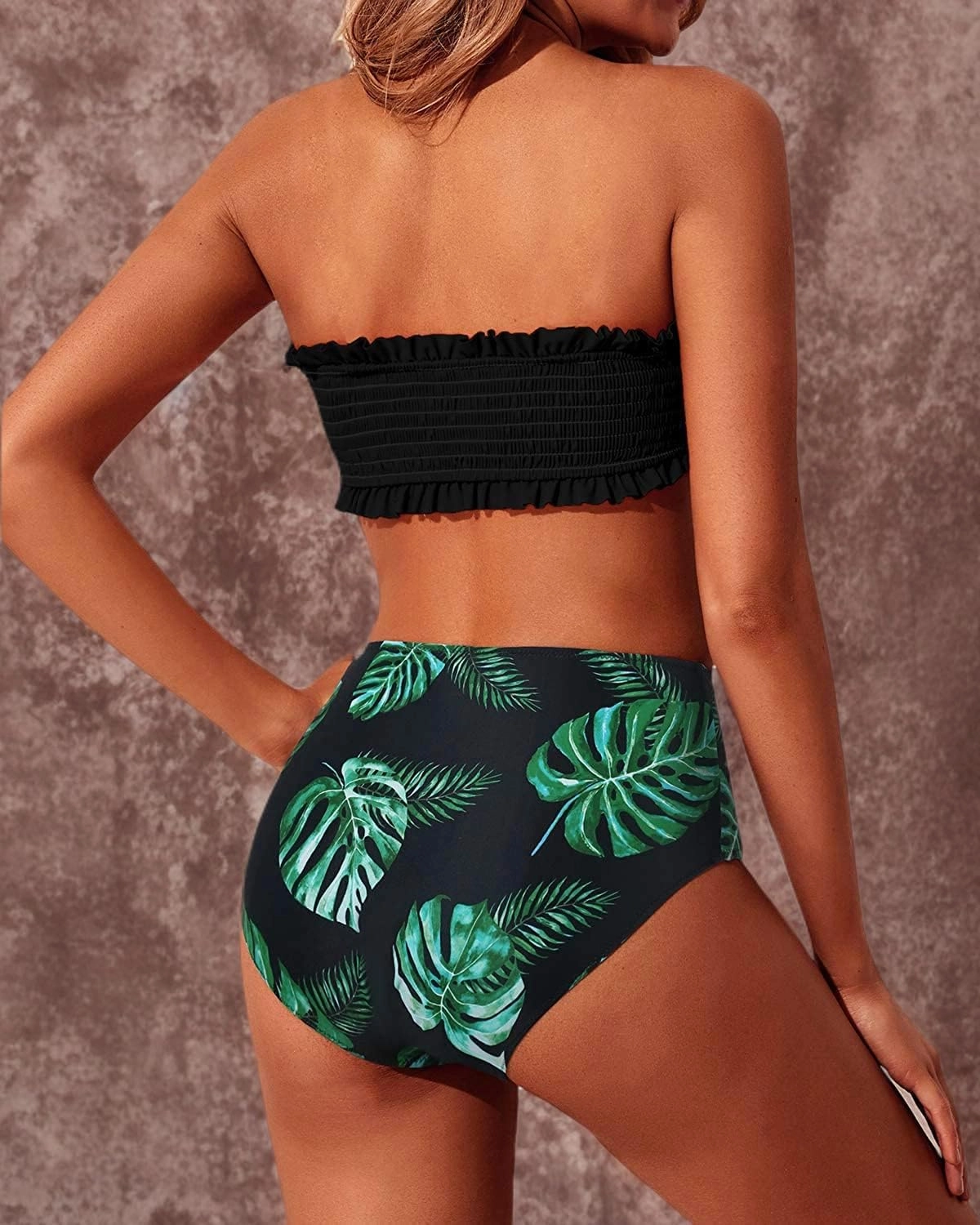 Yonique Women's Bandeau Bikini Set Two Piece Smocked Swimsuits Ruffle Off Shoulder Bathing Suit with High Waisted Bottoms