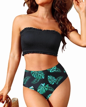 Yonique Women's Bandeau Bikini Set Two Piece Smocked Swimsuits Ruffle Off Shoulder Bathing Suit with High Waisted Bottoms