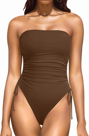 Yonique Women Strapless One Piece Swimsuit Tummy Control Bandeau Bathing Suit Cheeky Swimwear