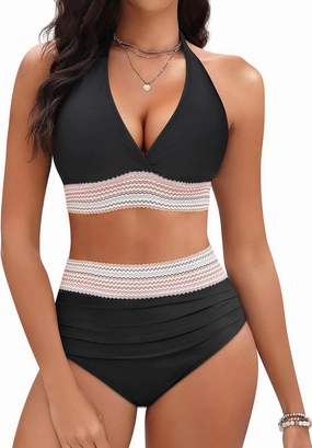 Yonique Women Tummy Control Bikini Two Piece High Waisted Swimsuit Push Up Bathing Suit Halter Bikini Top