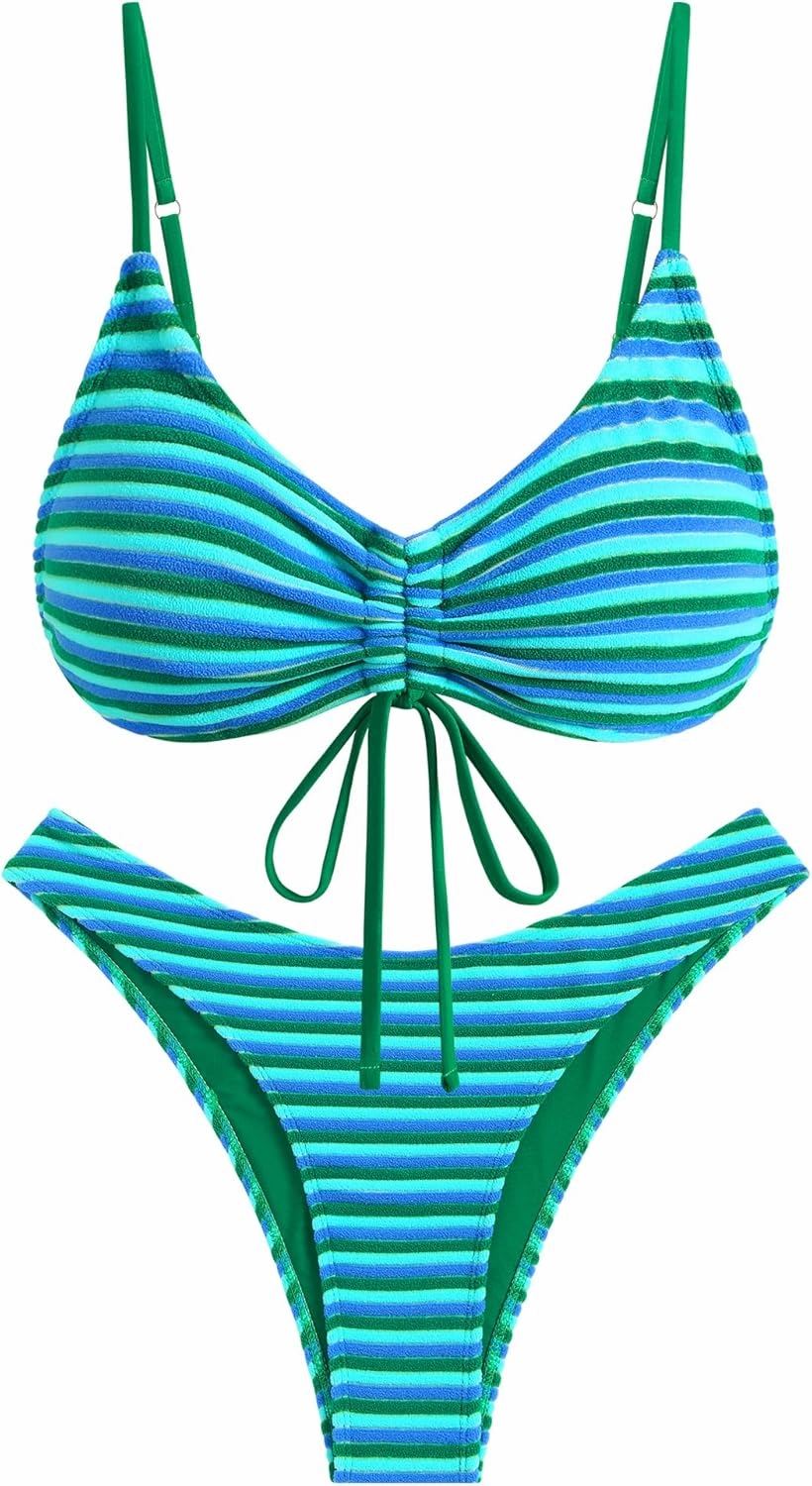 ZAFUL Women's Bikini Sets Flocking Textured High Cut Ruched Swimsuit Colorful Stripes Drawstring Bathing Suit
