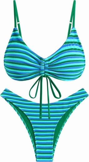 ZAFUL Women's Bikini Sets Flocking Textured High Cut Ruched Swimsuit Colorful Stripes Drawstring Bathing Suit