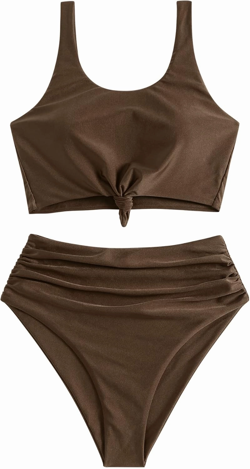 ZAFUL Women's High Waisted Tankini Swimsuit Scoop Neck Ruched Bikini Set Tummy Control 2 Piece Bathing Suit