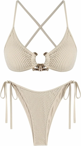 ZAFUL Women's Sexy Cutout Bikini Set High Cut Textured Metal Ring Cheeky Swimsuit Two Piece Bathing Suit