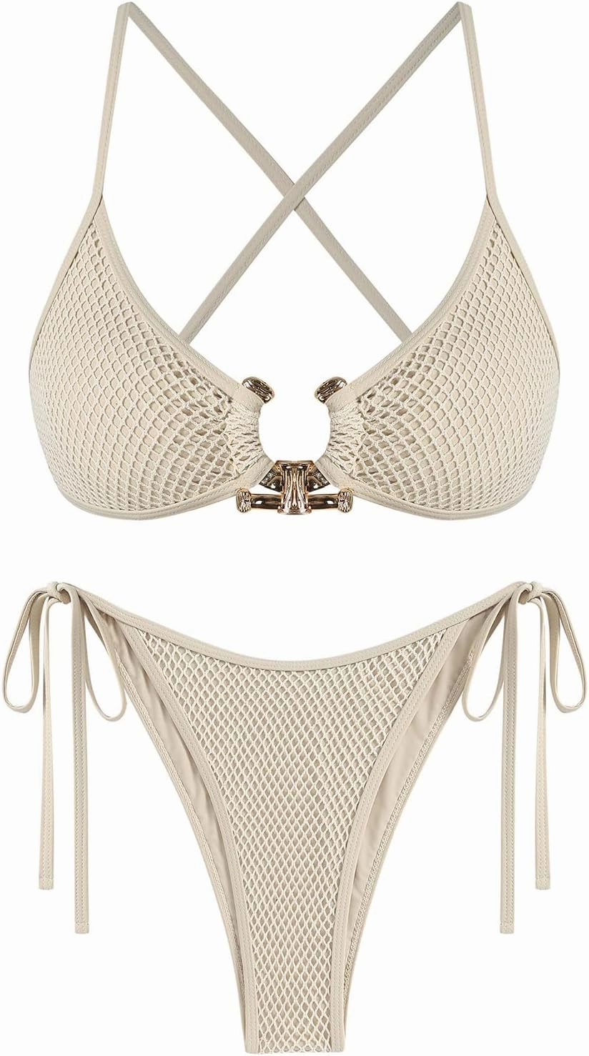 ZAFUL Women's Sexy Cutout Bikini Set High Cut Textured Metal Ring Cheeky Swimsuit Two Piece Bathing Suit