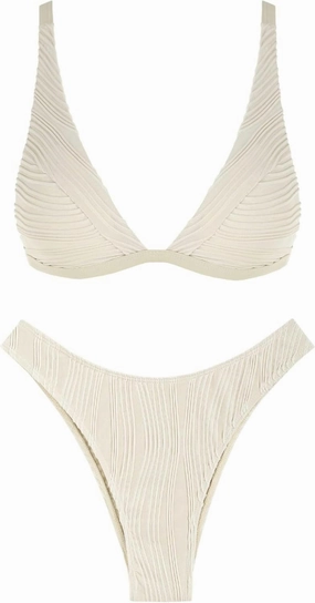 ZAFUL Women's Sexy Two Piece Swimwear Textured Triangle Plunging Neck High Cut Cheeky Bikini Set Solid Color Swimsuit