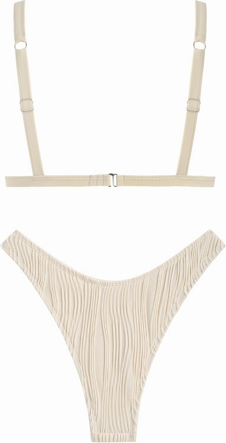 ZAFUL Women's Sexy Two Piece Swimwear Textured Triangle Plunging Neck High Cut Cheeky Bikini Set Solid Color Swimsuit