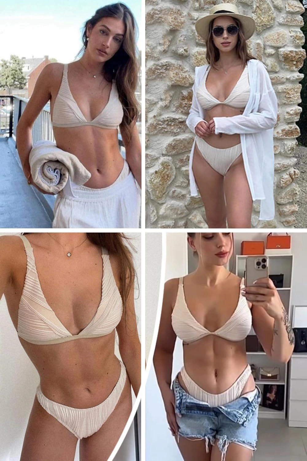 ZAFUL Women's Sexy Two Piece Swimwear Textured Triangle Plunging Neck High Cut Cheeky Bikini Set Solid Color Swimsuit