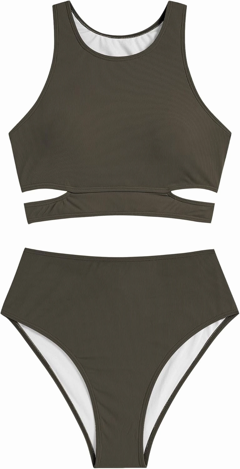 ZAFUL Women's Swimsuit High Waisted Bikini Sets Two Piece Swimsuit Scoop Neck Tank Side Cutout Midkini Stitching