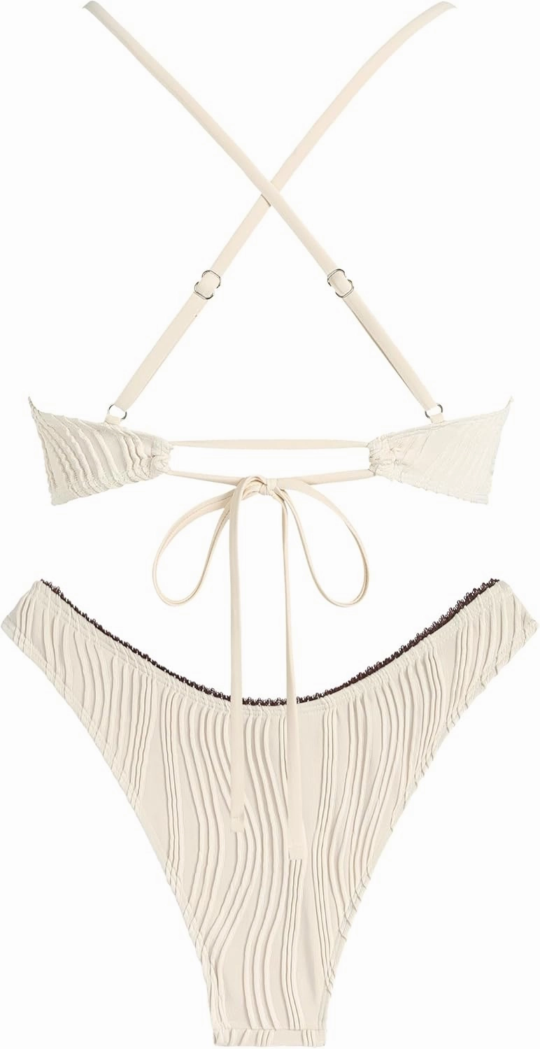 ZAFUL Women's V Neck Bikini Set High Waisted Swimsuits Lace Up Bow Decor Cheeky Two Piece Bathing Suit