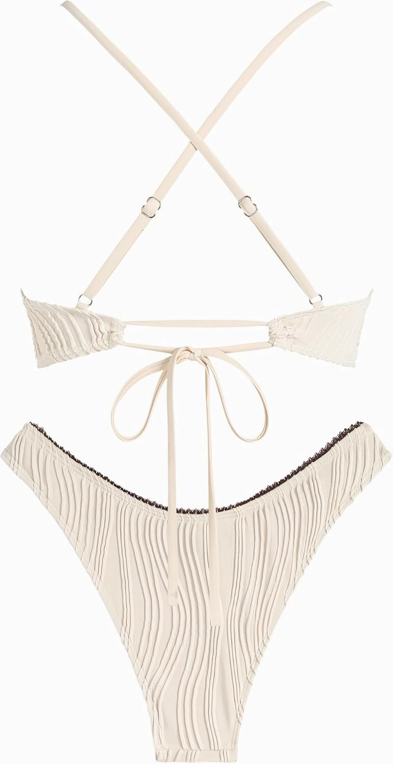 ZAFUL Women's V Neck Bikini Set High Waisted Swimsuits Lace Up Bow Decor Cheeky Two Piece Bathing Suit