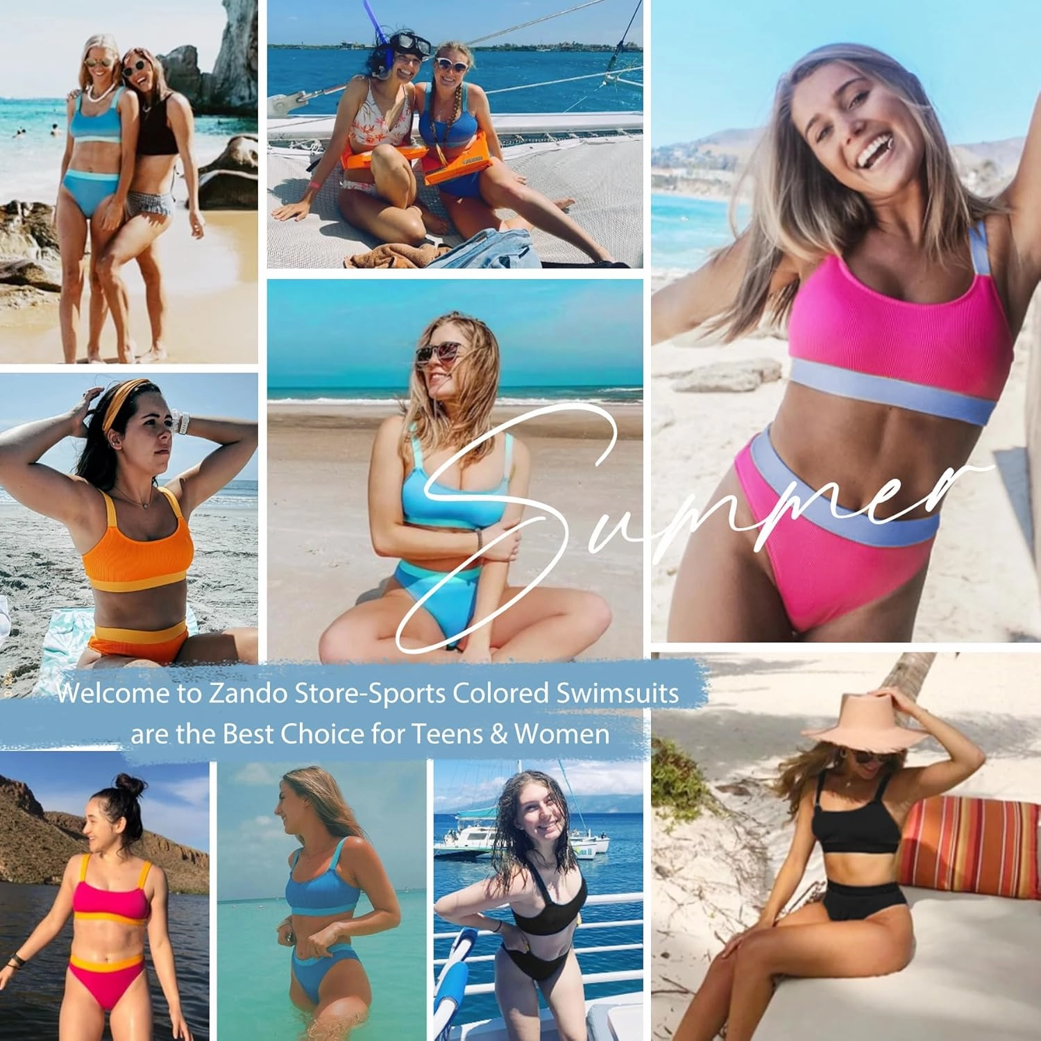 Zando Women High Waisted Bikini Set Cute Bikinis for Teen Girl Sports Color Block Swimsuit 2 Piece High Cut Bathing Suit